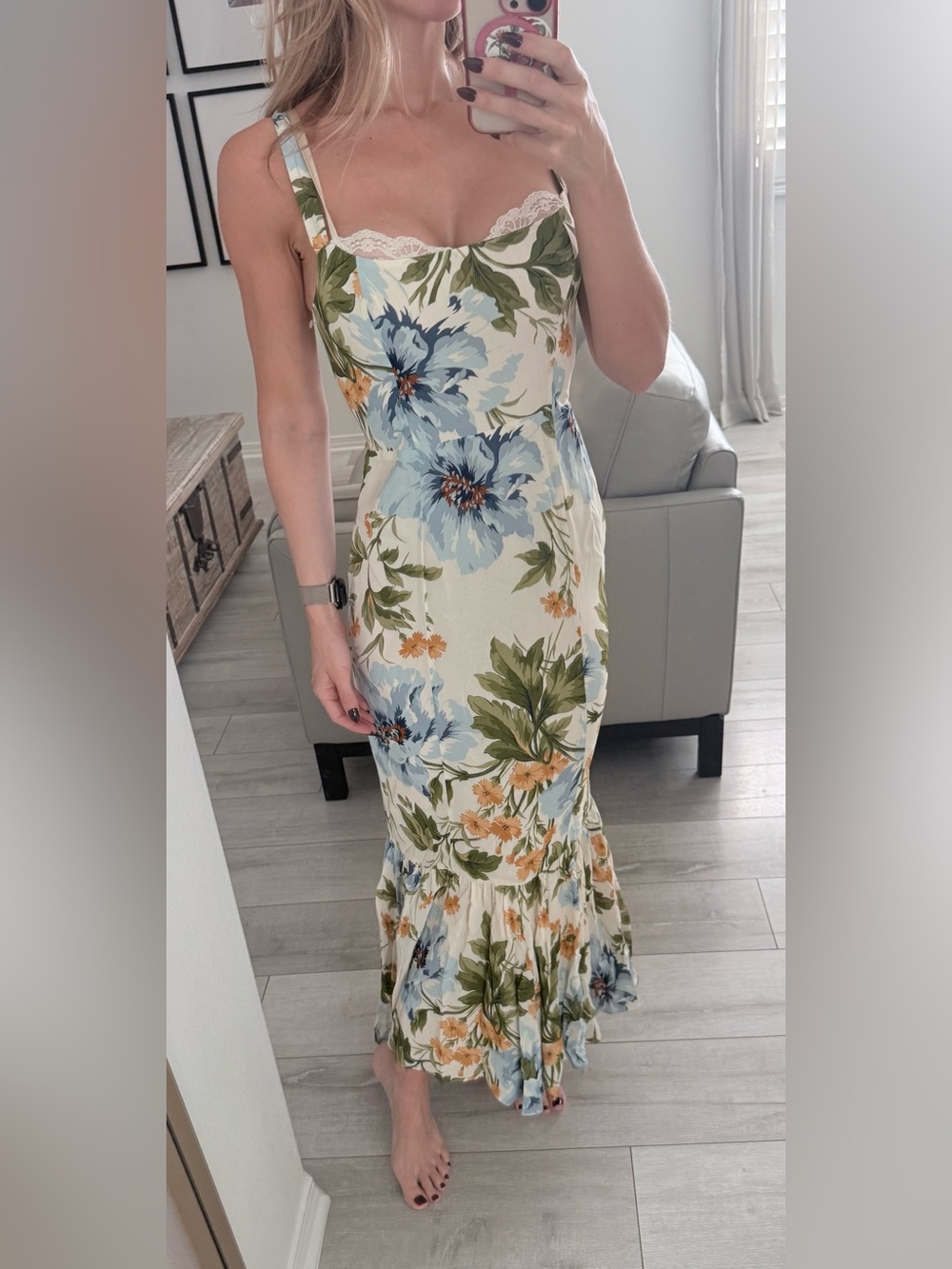 Reformation Floral Lace-Trim Maxi Dress in Cream and Blue